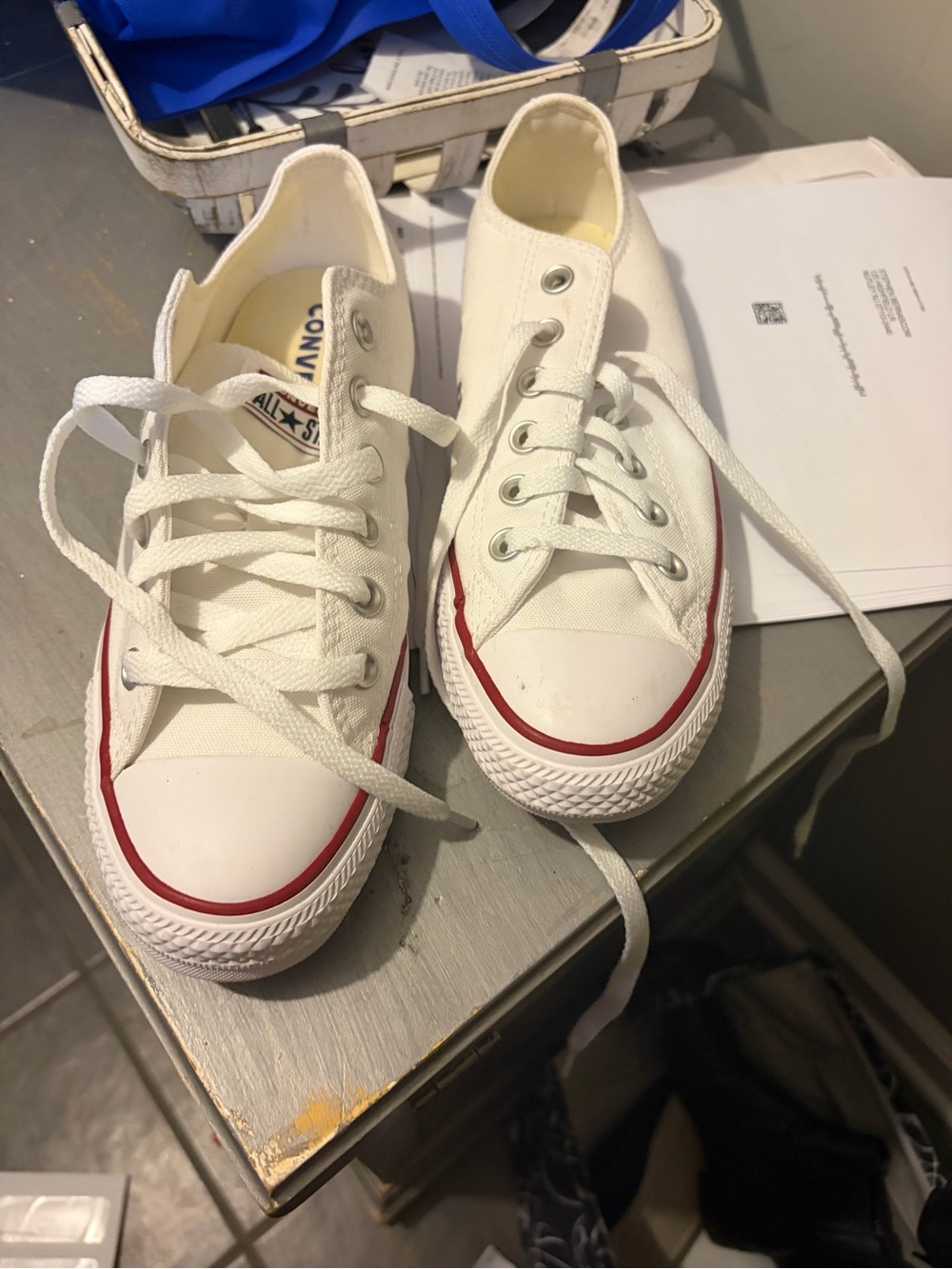 Converse White Kids Low-Top Canvas Sneakers with Red Stripe